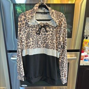 White Birch Brown and Tan Tie Front Blouse‎ with Long Sleeves